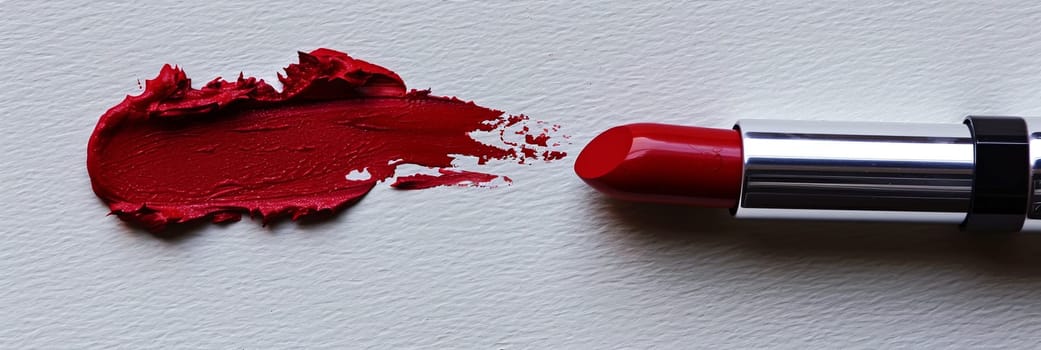 A close-up view captures a swatch of classic red lipstick on a white surface, leaving a striking mark.