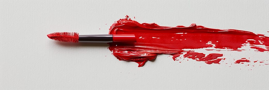 A close-up of a red lipstick brush creating a swatch of classic red matte lipstick on paper.