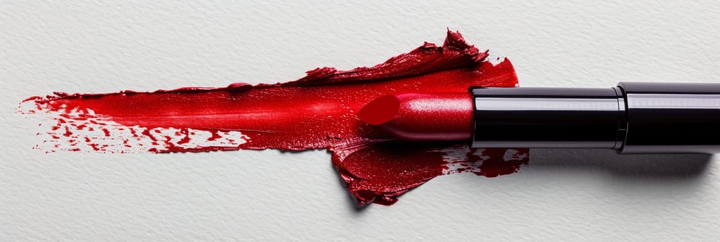 A vivid red lipstick leaves a bold swatch on a white surface, showcasing its classic matte finish.