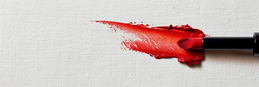 A close-up of a red lipstick leaving a classic red matte smear on a white surface.