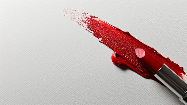 A close-up of a red lipstick gliding across a white surface, leaving a swatch of classic red matte color.