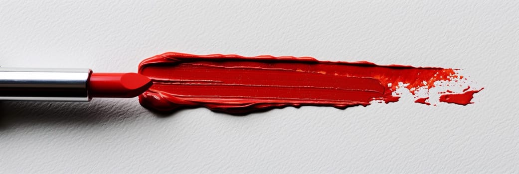 A close-up of a red lipstick leaving a swatch line on a white surface.