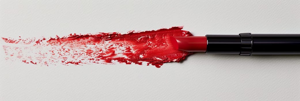 A striking open red lipstick leaves a matte smear and draws a swatch line on a white surface. Classic and vibrant.