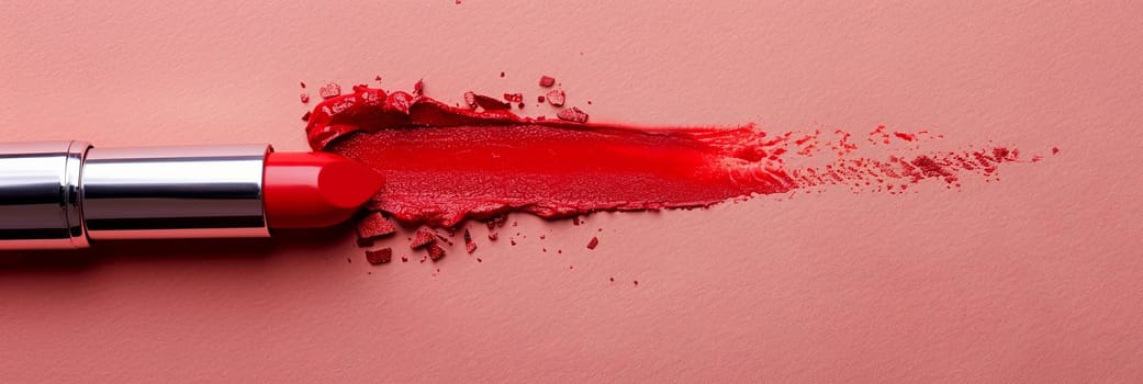 A red lipstick leaves a bold swatch on a pink background, showcasing classic elegance and beauty.