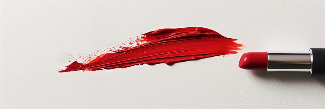 A close-up of a classic red lipstick drawing a smooth stroke on a white background.