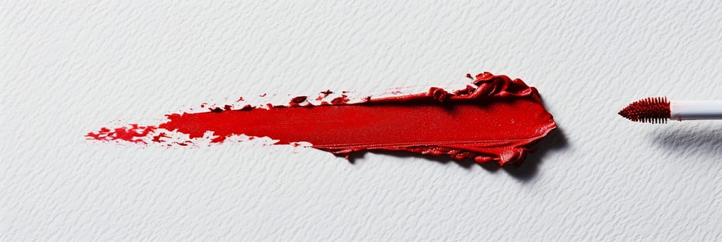 Close up of a red lipstick smudge, showcasing a bold swipe of classic red matte lipstick on a surface.