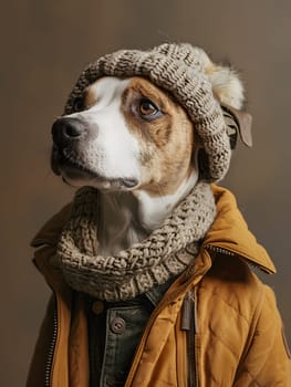 A Terrier breed dog, a carnivorous terrestrial animal, wearing a hat, scarf, and jacket. With a snout, fur, and whiskers, this companion dog is also a working animal in the Canidae family