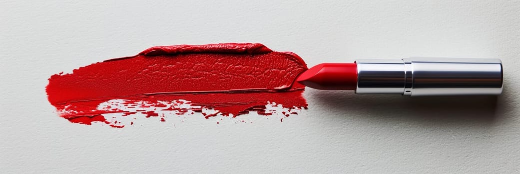 Classic red matte lipstick leaves a vibrant swatch on a white surface, depicting elegance and beauty.