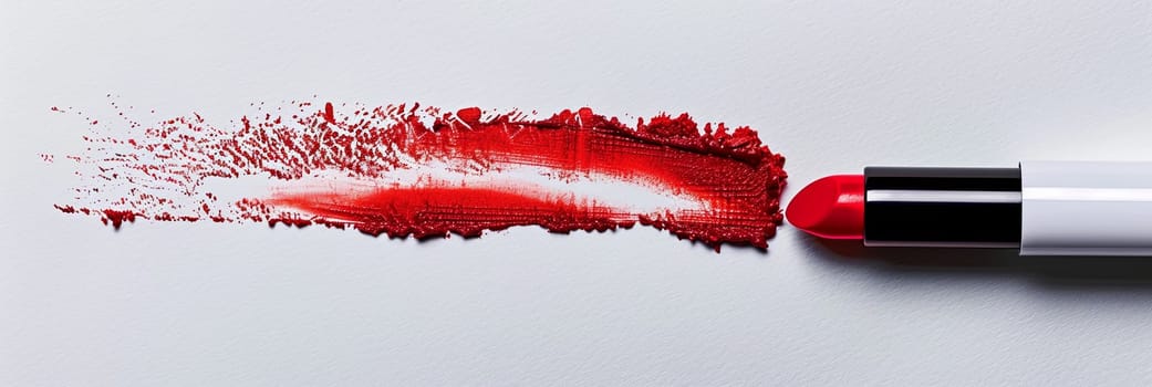 A bold stroke of classic red matte lipstick creates a vibrant swatch on a white surface.