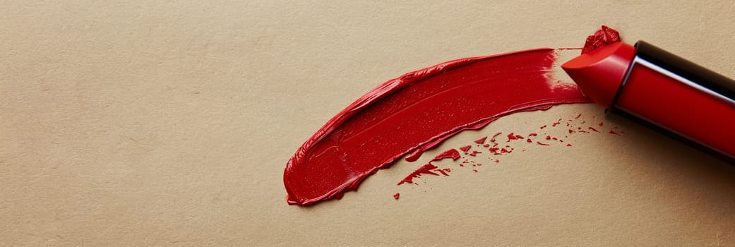Close up of a red lipstick with a portion missing, leaving a distinct bite mark, surrounded by swatches and smears on a surface.