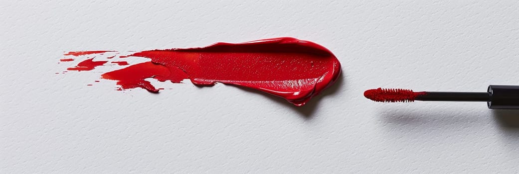 Close up of a vibrant red lipstick creating a swatch on a pristine white surface, leaving a smear of classic matte beauty.