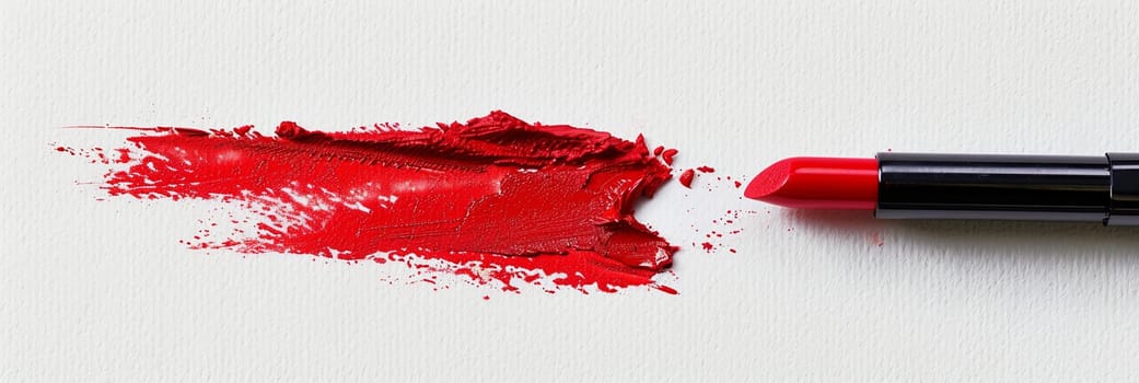 Close-up of red lipstick drawing a swatch line on a white surface, leaving a smear of classic red matte lipstick.