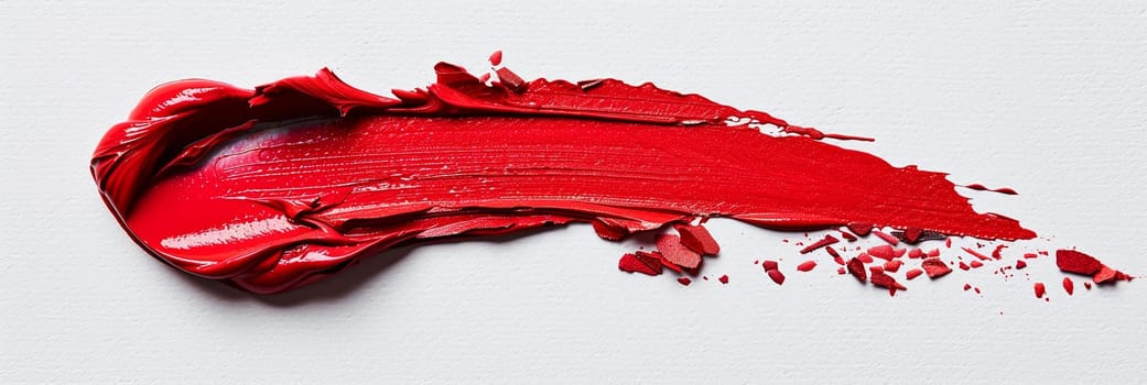 A close-up of a lipstick smudge on a white surface, showcasing a classic red matte shade with a swatch line drawn beside it.