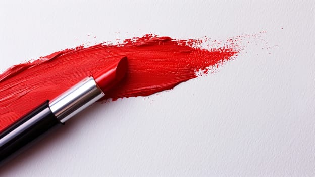 A close-up of a red lipstick brush creating a bold swatch line on paper.
