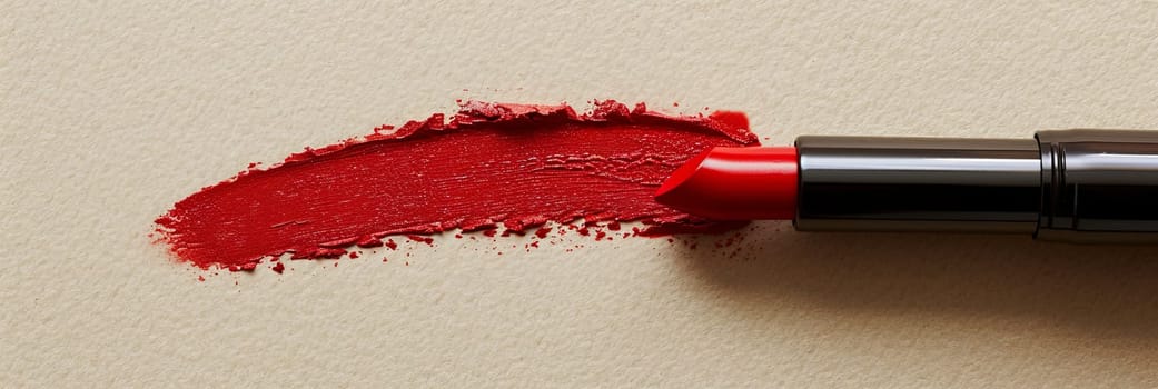 A close up of a vivid red lipstick drawing a swatch line on a white surface, leaving behind a smear of classic matte color.