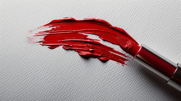 Close-up of a vibrant red lipstick smudge on paper, creating a striking and alluring visual effect.