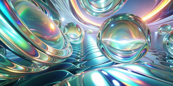 Futuristic holographic abstract horizontal background, smooth flowing shapes, AI generated illustration.