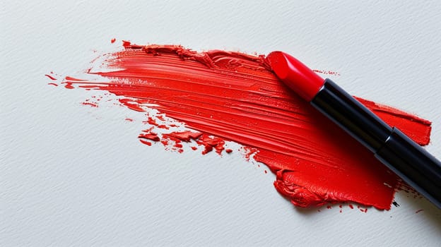 A close-up view of a classic red matte lipstick leaving a vibrant streak on a white surface, with ample copy space.