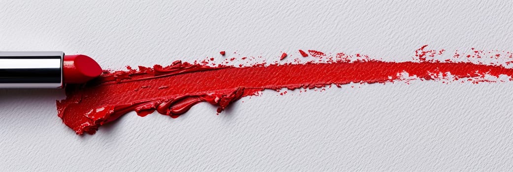 Close-up of a red lipstick leaving a swatch on a white background.