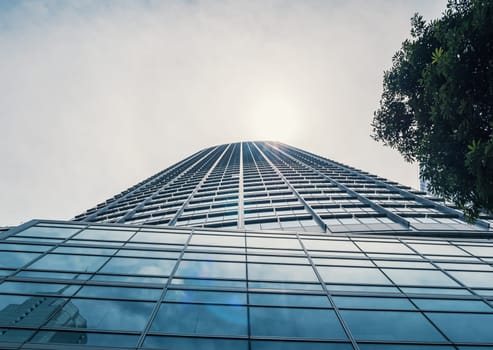 Bottom view of a modern skyscraper with a reflective glass facade rises towards a bright, clear sky. Sunlight glimmers off the windows, adding a sleek and contemporary touch to the urban landscape.