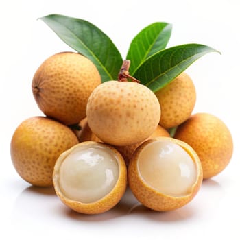 Bunch of fresh Longan with green leaves isolated on white background. Ai generated image