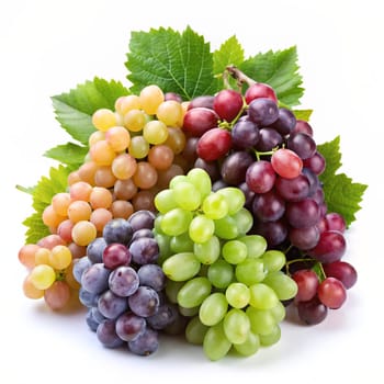 Bunch of grapes of different varieties and colors, isolated on a white background. Ai generated image