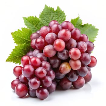 Ripe red grape. Grape bunch with leaves isolated on white. Ai generated image