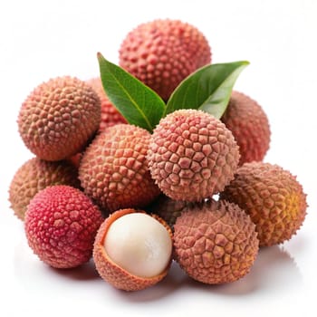 Bunch of Juicy Lychee with cut in half and leaves isolated on white background. Ai generated image
