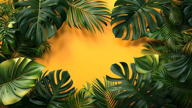 A circle of tropical leaves, from palm trees and other terrestrial plants, is beautifully arranged on a vibrant yellow background