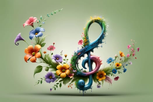 musical treble clef with flowers, postcard .