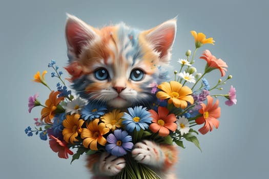 Cute kitten with a large bouquet of flowers .