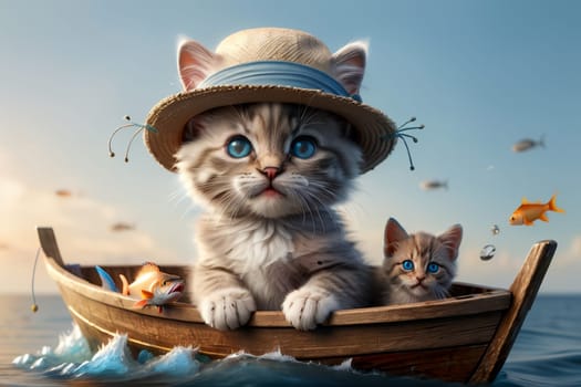 cute kitten in a boat on the sea with fish .