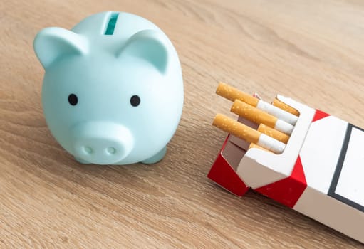 Piggy Bank on pile of Cigarettes isolated. Concept of Savings . High quality photo