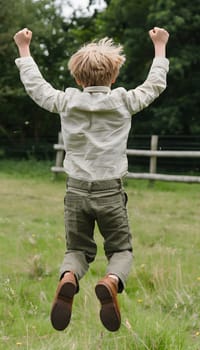 A happy toddler is jumping for joy on the grass, with arms raised in a gesture of fun and leisure. People in nature, surrounded by plants and green lawn