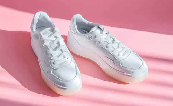 One pair of white sneakers lie on a pink background with shadows on a sunny day, top view close-up. The concept of fashion, beauty, shoes.