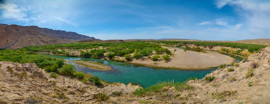 Panoramic view of the Rio Grande from Boquillas Canyon Trail in Big Bend National Park, Texas.