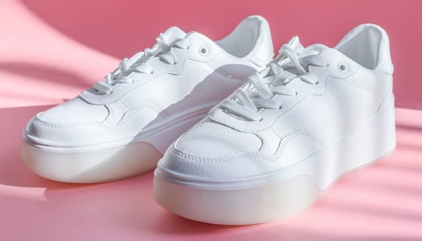 One pair of white sneakers lie on a pink background with shadows on a sunny day, close-up side view. The concept of fashion, beauty, shoes.