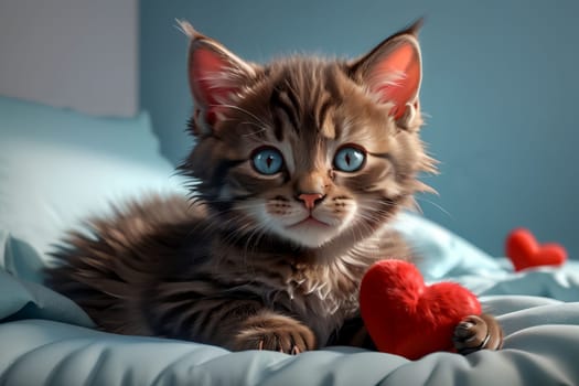 Cute kitten with red heart, isolated on blue background .