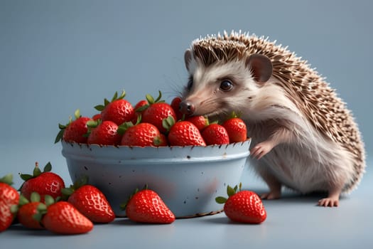 cute beautiful hedgehog and fresh strawberries .