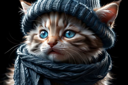cute cute cat in a knitted hat and scarf, close-up .