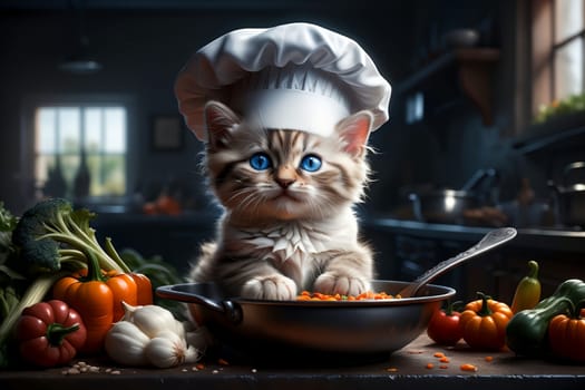 cute cat in the kitchen preparing dinner .
