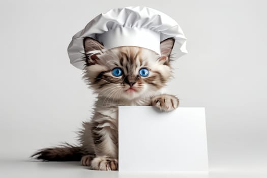 Cute cat chef with blank blank for menu .
