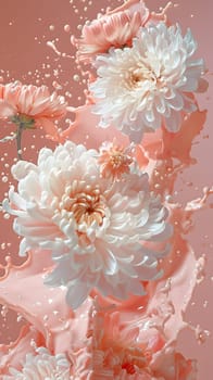 Various flowers with peachcolored petals are gracefully floating underwater in a pink liquid, resembling an artful marine biology painting