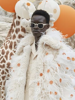 A man with sunglasses stands before a majestic giraffe and colorful balloons. His white sleeve complements his trendy eyewear, showcasing a stylish fashion design