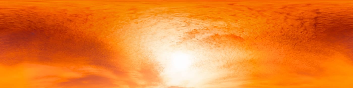 Dramatic Sunset sky 360 panorama. Vibrant sky with bright glowing red pink Cumulus clouds. HDR 360 seamless spherical panorama. Sky dome for aerial drone panoramas. Climate and weather change