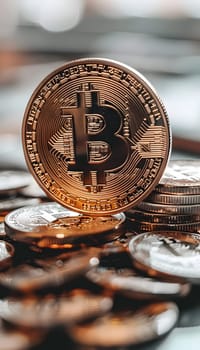 A closeup of a bitcoin resting on a stack of coins, a blend of metal and wood, showcasing the fusion of digital currency with physical money handling