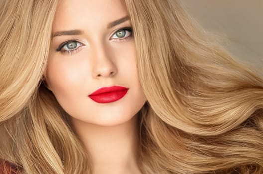 Beauty, makeup and hairstyle, face portrait of beautiful woman, red lipstick make-up and hair styling for skincare cosmetics, hair care, glamour style and fashion look idea