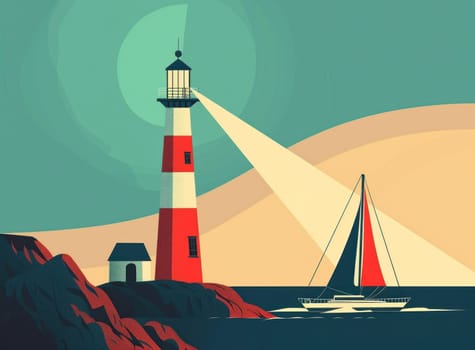 Scenic seascape with majestic lighthouse and sailing boat on the ocean coastline for travel and adventure concept