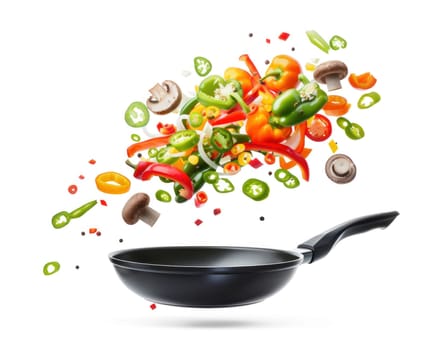 Fresh vegetables flying out of frying pan on white background for healthy cooking concept