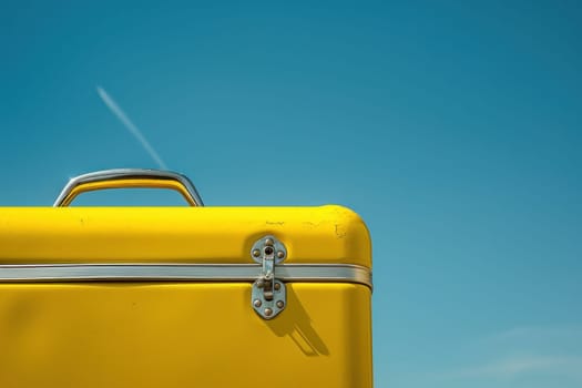 Travel in style with a vibrant yellow suitcase under the clear blue sky background